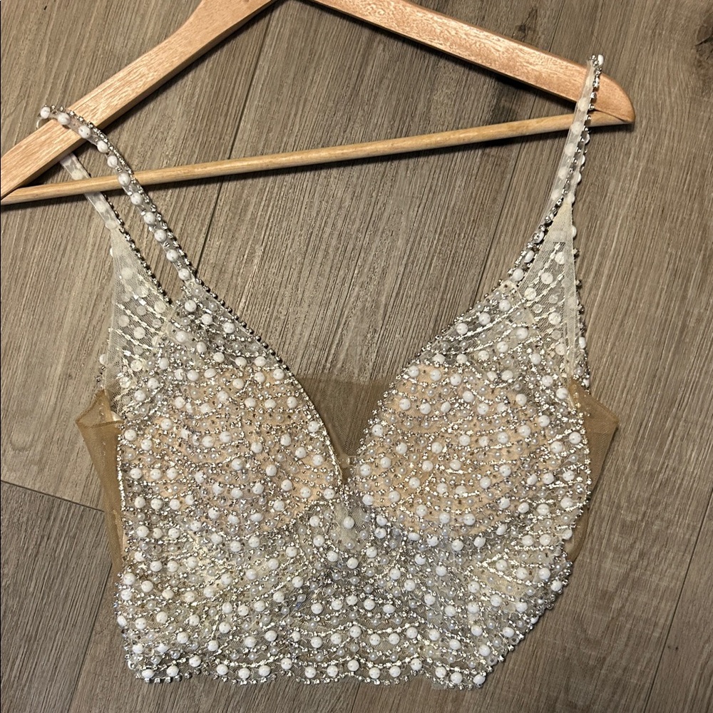 David's Bridal Beaded Top in Silver and Cream